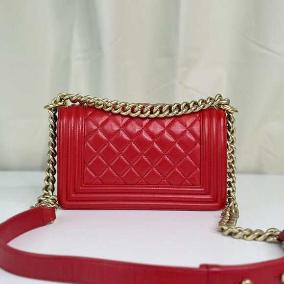 Chanel Red Leather Small Boy Bag Full Set with Gold Chain Strap - Picture 5 of 14